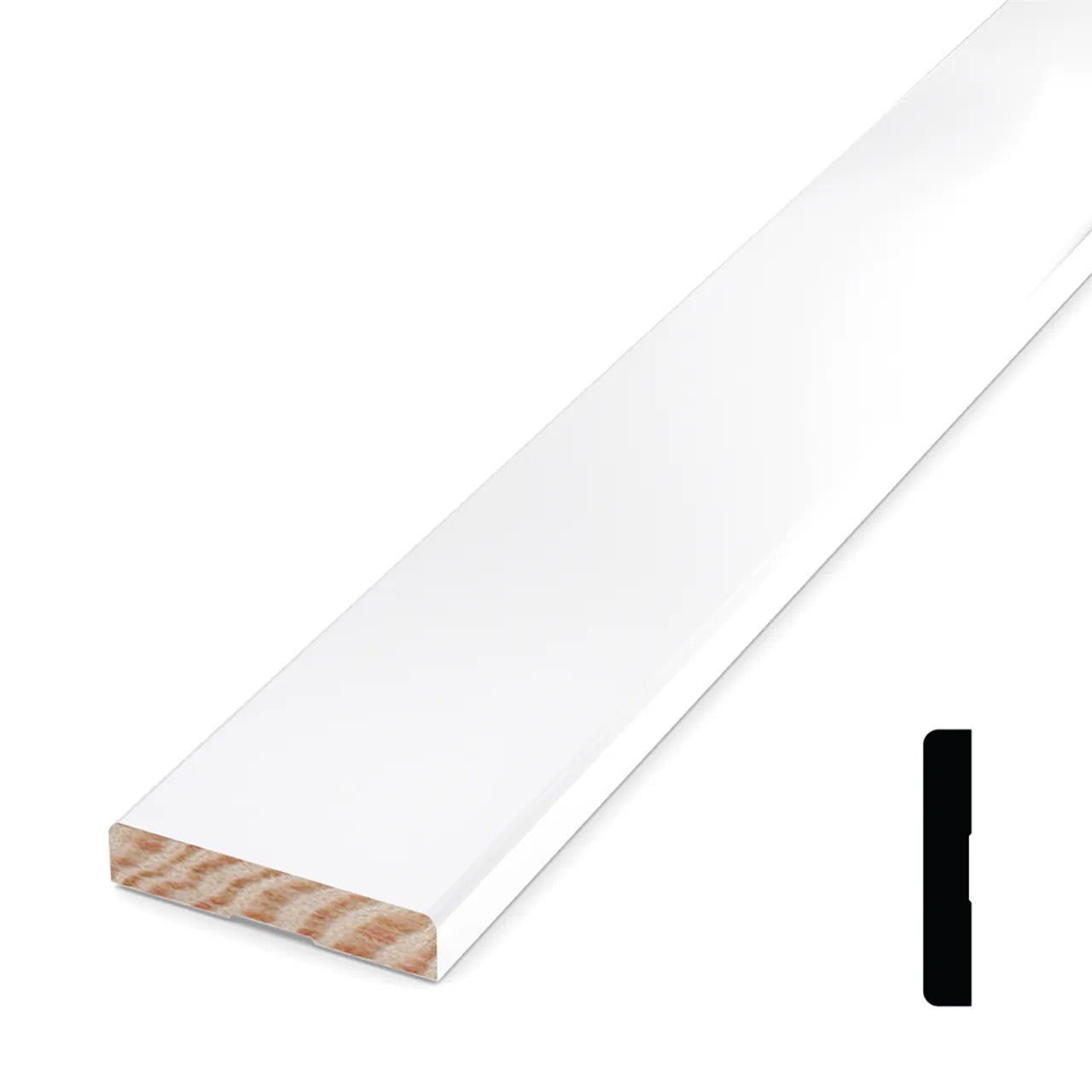 The Go Build 19/32 in. x 3-1/2 in. x 16 ft. Primed Pine Finger Jointed Casing features a white painted finish with visible wood grain at one end, ideal for window and door trim, shown against a white background.
